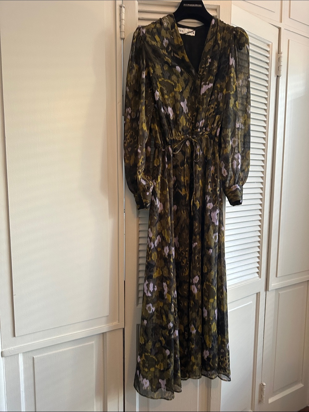 Zara Olive Green Floral Maxi button down Dress with Lavender Accents